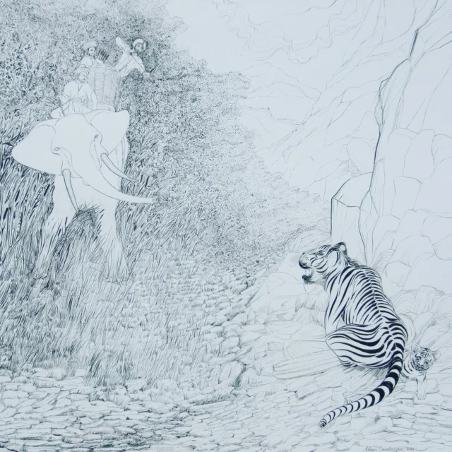 Chasse au tigre 100x100cm encre de chine sur papier 300g
#tigre #maharadja #encre #dessin #chasse #éléphant #défenses